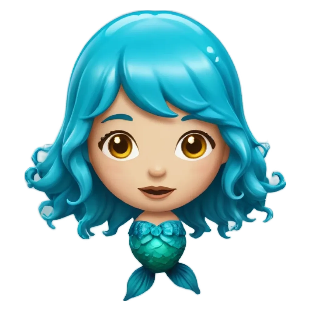 A mermaid face with blue hair and yellow eyes is shown.