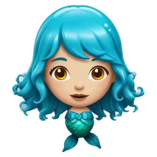 A mermaid face with blue hair and yellow eyes is shown.