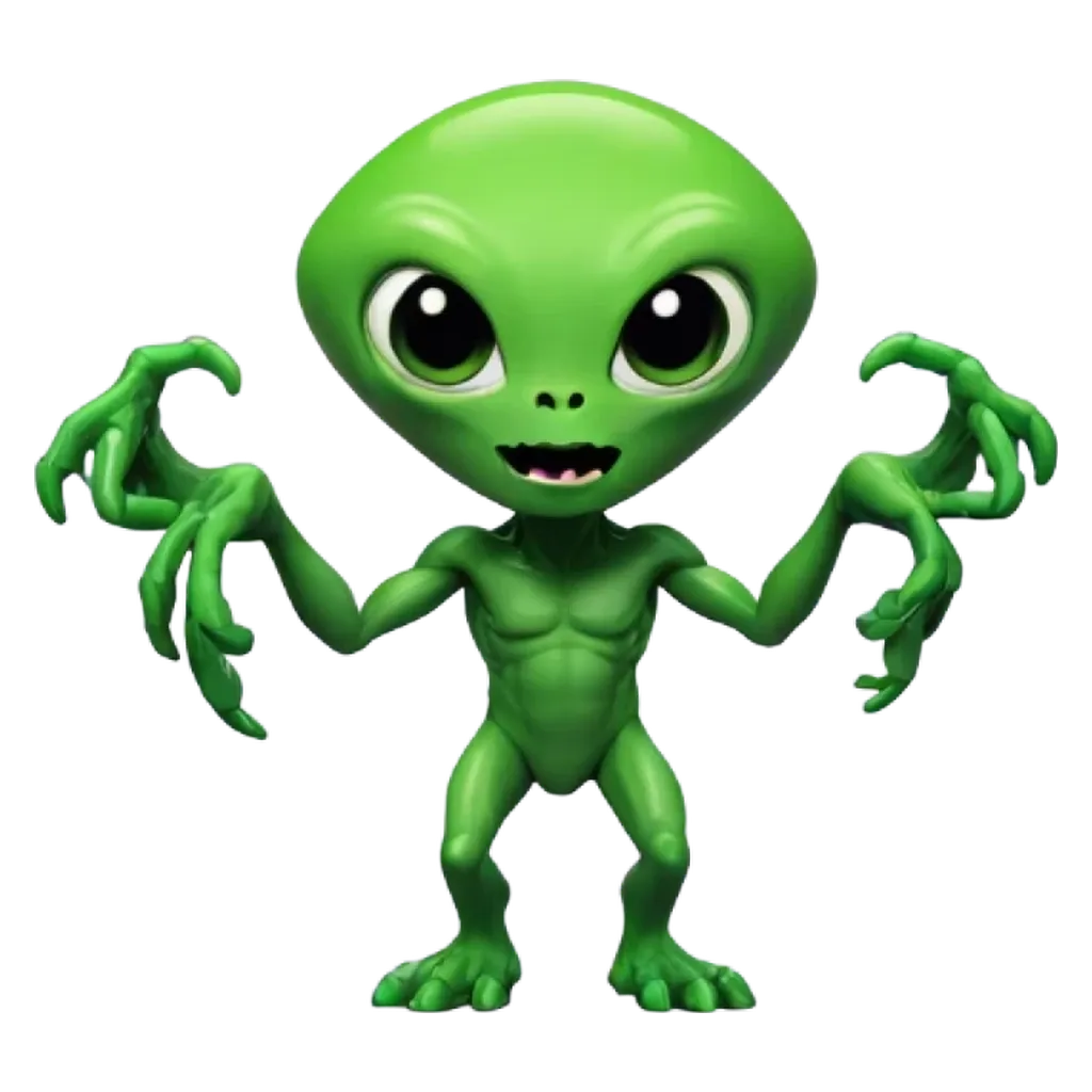 A green alien is posed in a dynamic stance, with its arms wide open.