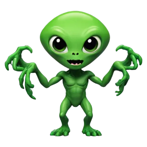 A green alien is posed in a dynamic stance, with its arms wide open.