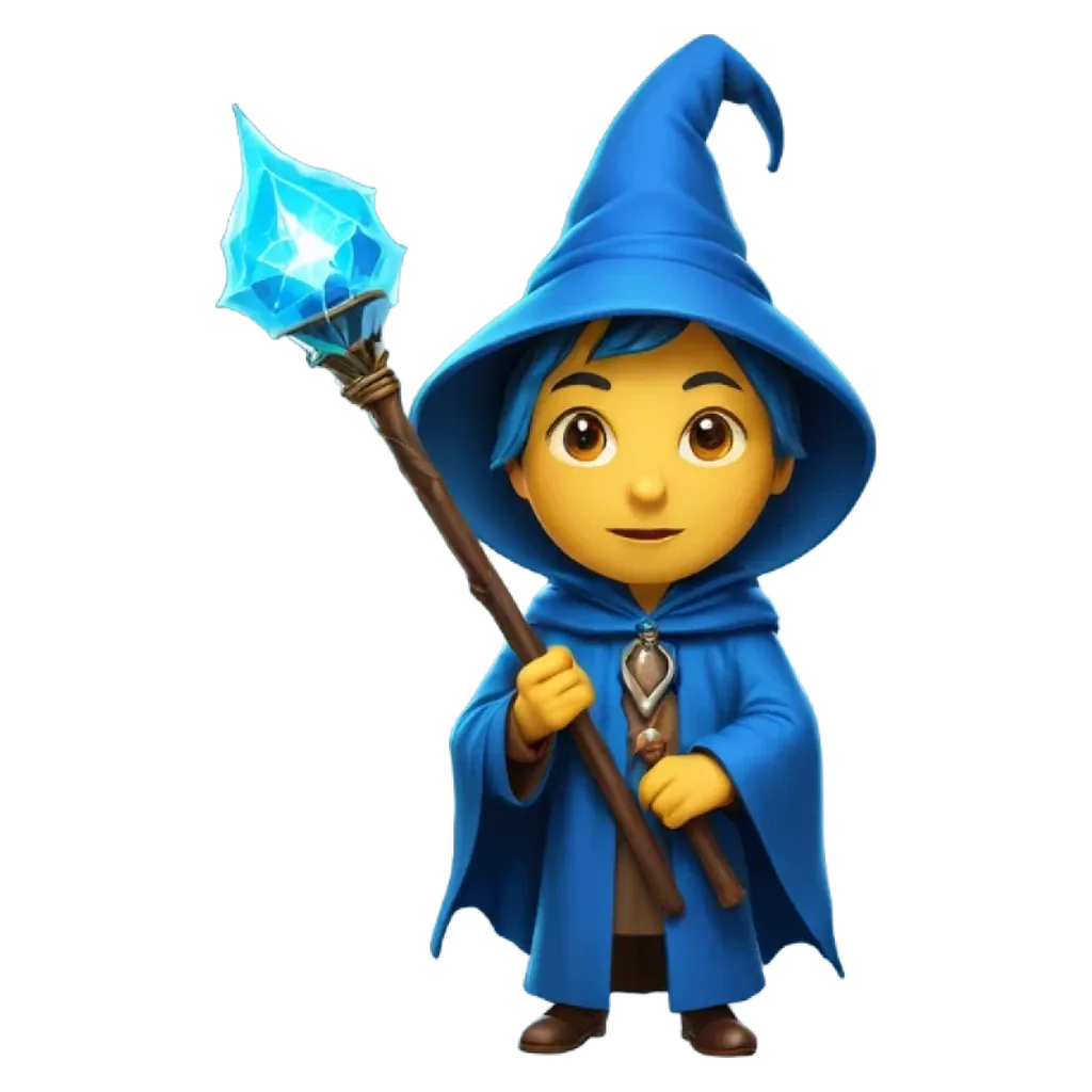 a cartoon of a boy with a wand that is blue.