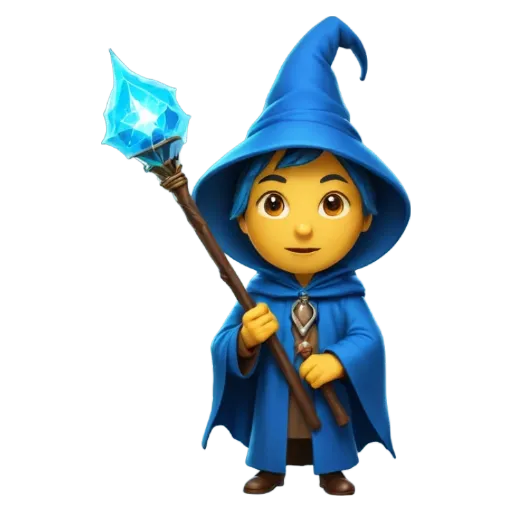 a cartoon of a boy with a wand that is blue.