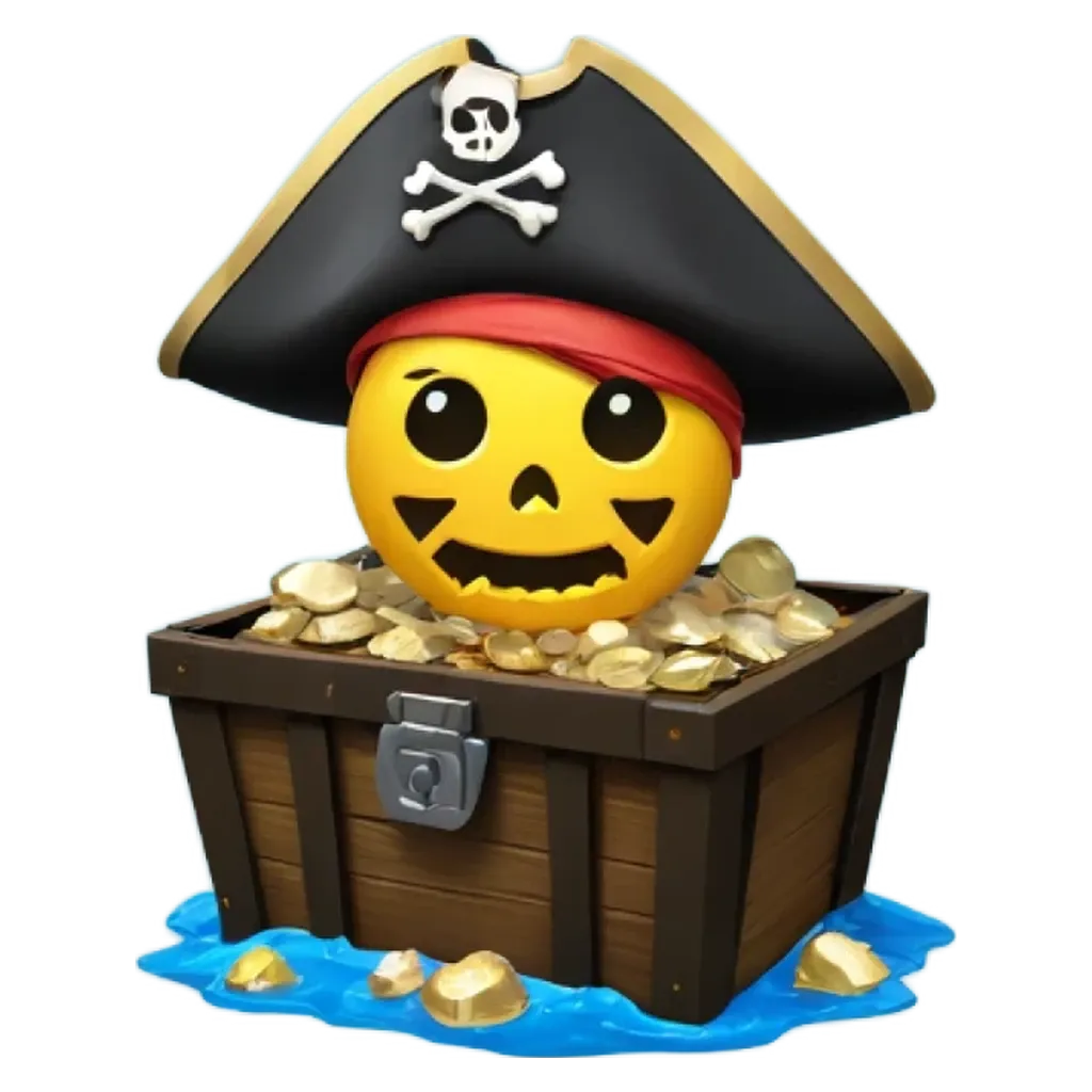 A jack-o-lantern face is in a pirate hat box full of gold coins.