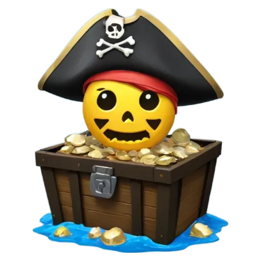 A jack-o-lantern face is in a pirate hat box full of gold coins.