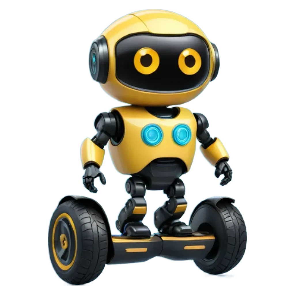 A robot that is yellow and black and is standing on a wheeled object.