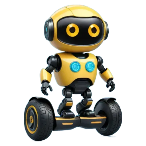 A robot that is yellow and black and is standing on a wheeled object.