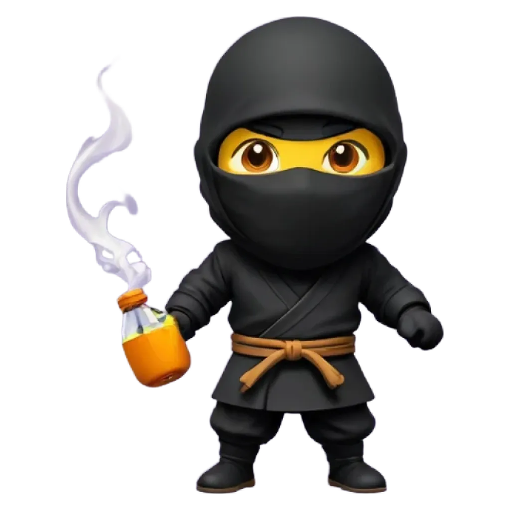 A cartoon depiction of a black ninja holding a bottle.