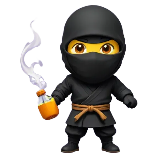 A cartoon depiction of a black ninja holding a bottle.