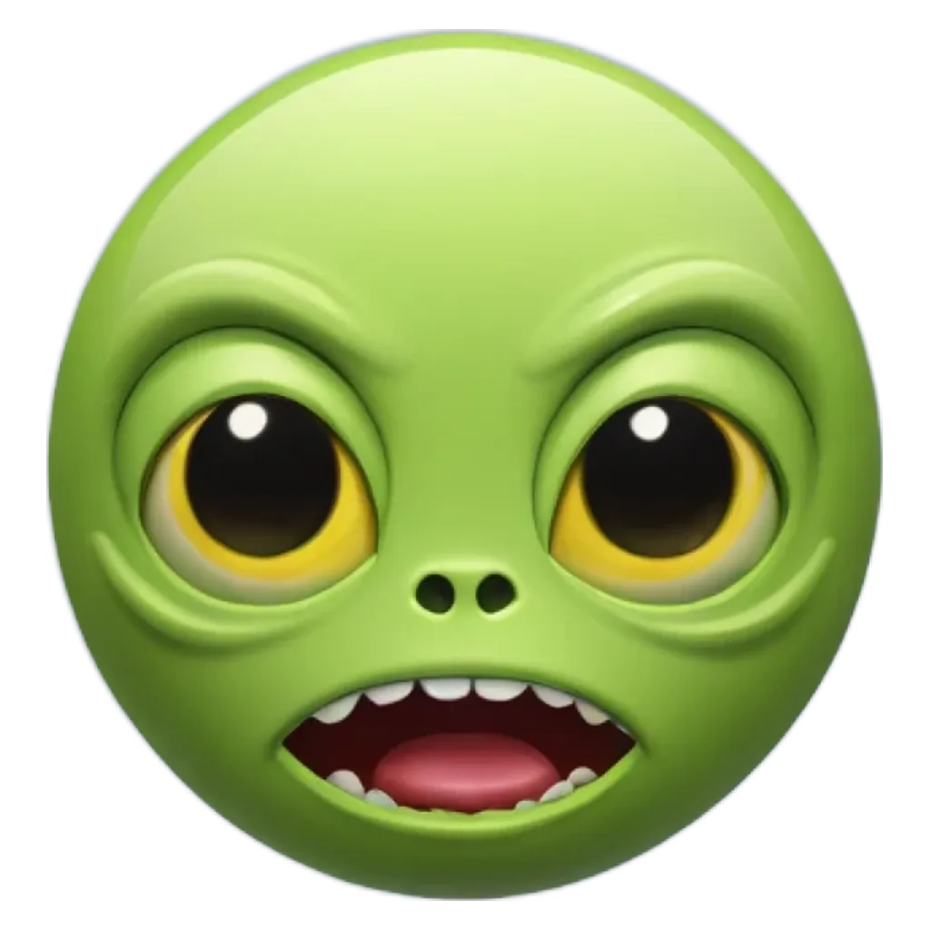 A green face with yellow eyes is shown with a mouth open.