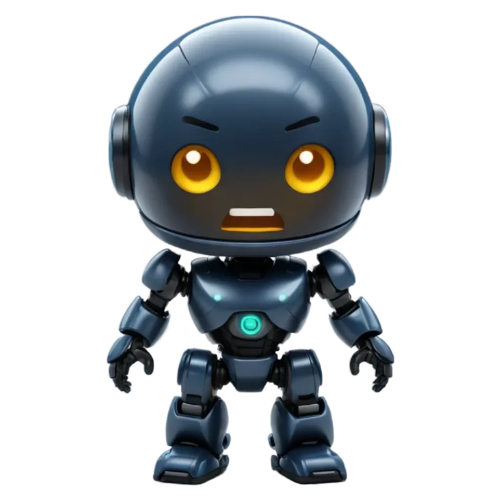 A robot with yellow eyes is standing on a black background.