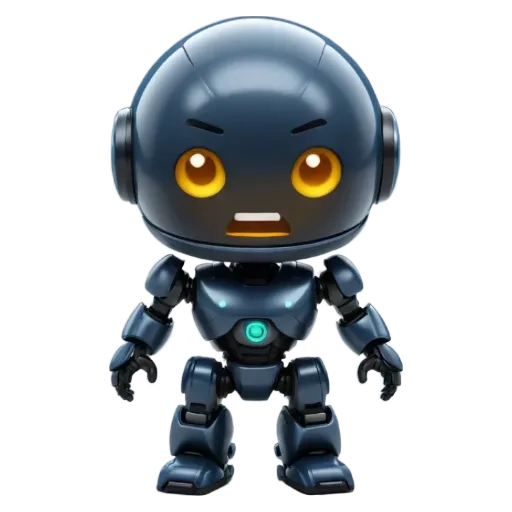 A robot with yellow eyes is standing on a black background.