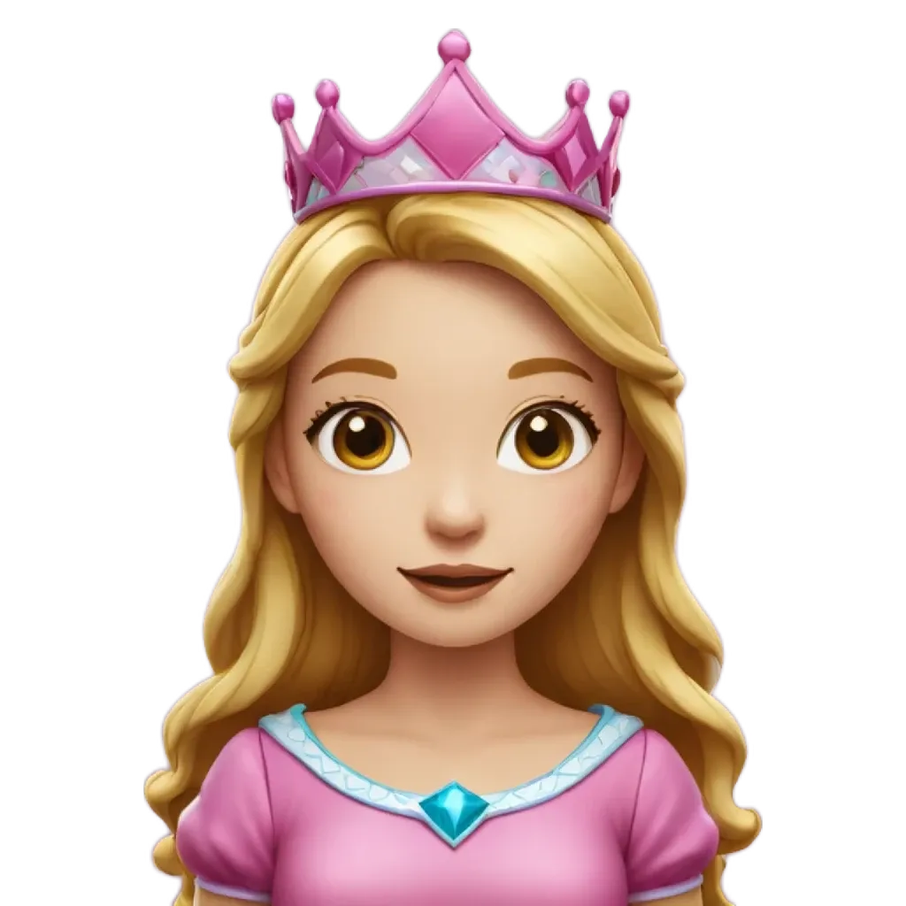 A cartoon face of a girl wearing a pink dress with a tiara.