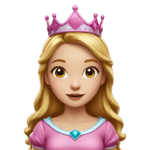 A cartoon face of a girl wearing a pink dress with a tiara.