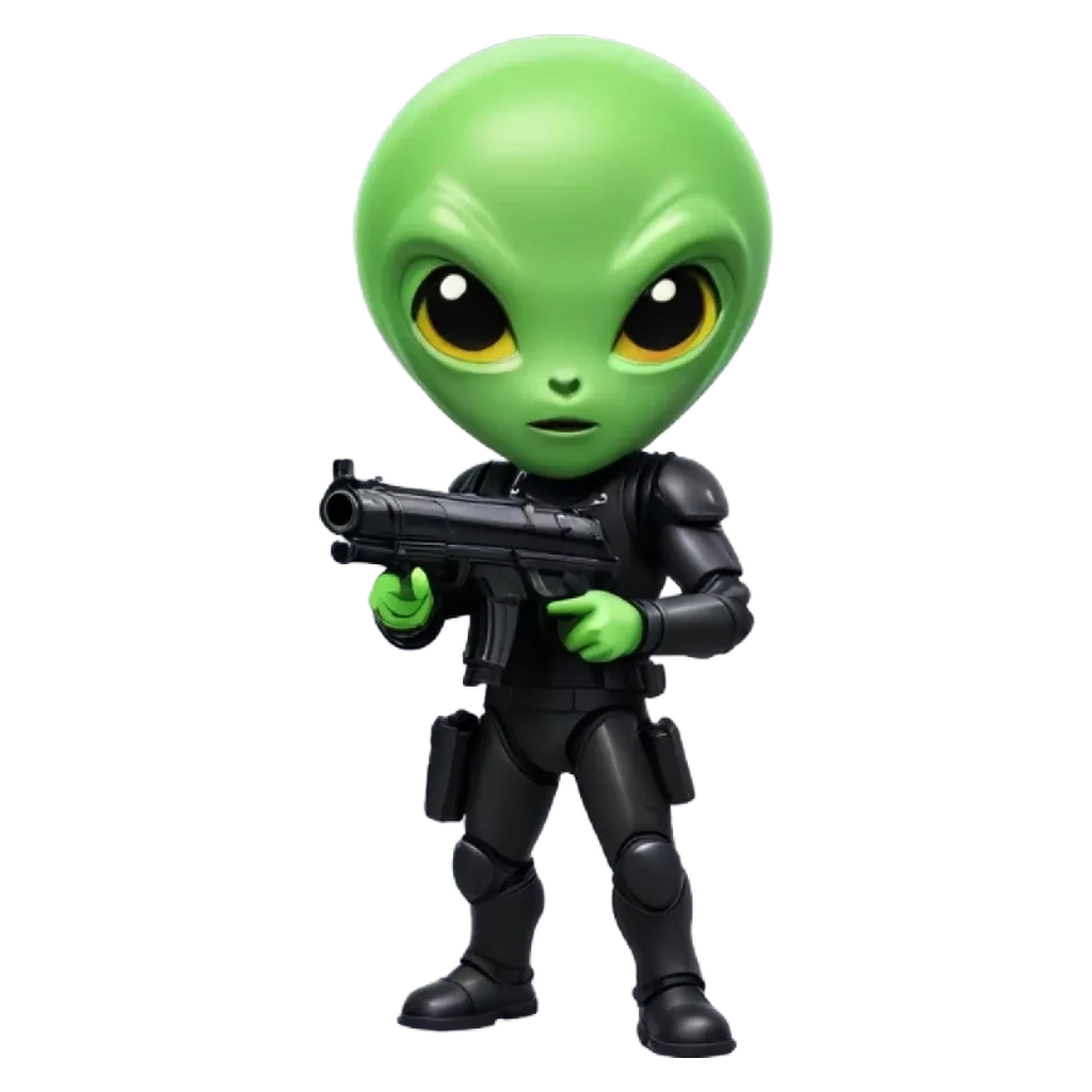 A green alien with a gun that is not real.