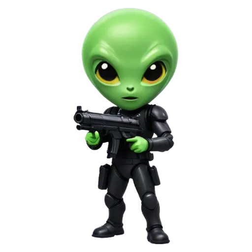 A green alien with a gun that is not real.