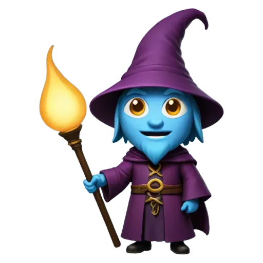 A blue character that is a wizard and is holding a magic staff.