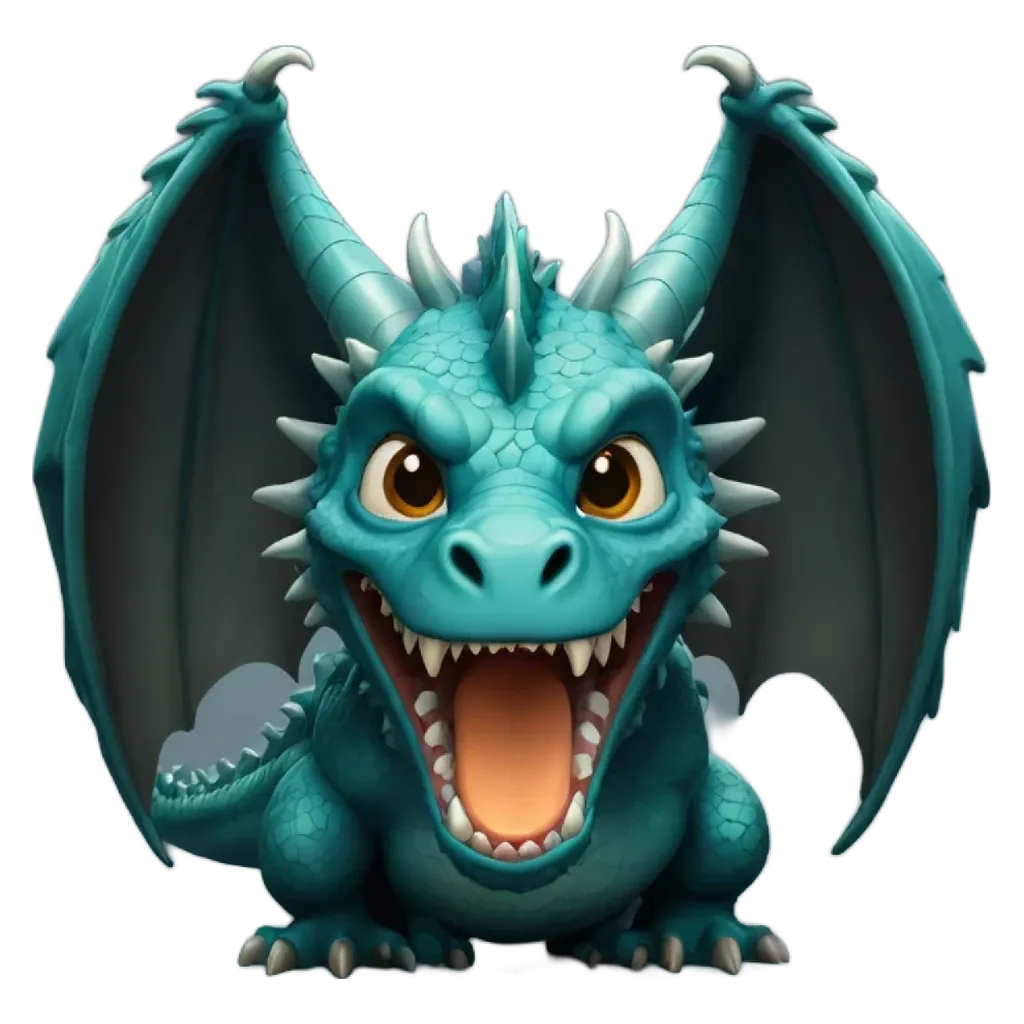 A dragon that is blue and has teeth open its mouth.