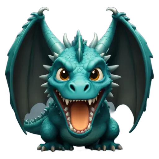 A dragon that is blue and has teeth open its mouth.