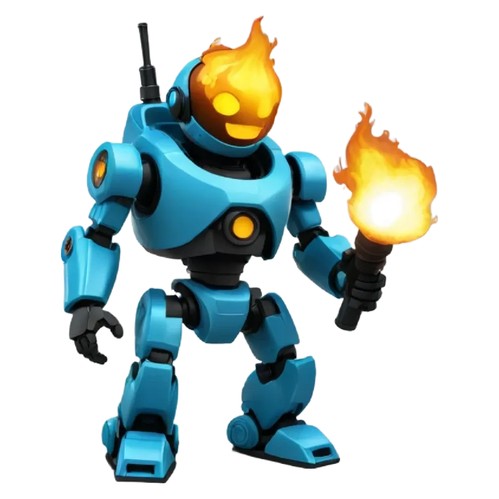 A blue robot holding a torch that is lit.