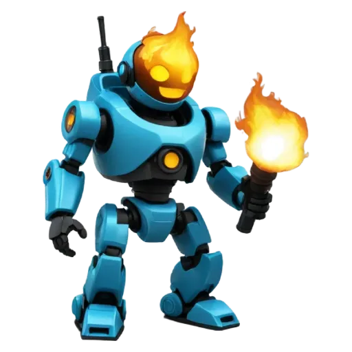 A blue robot holding a torch that is lit.