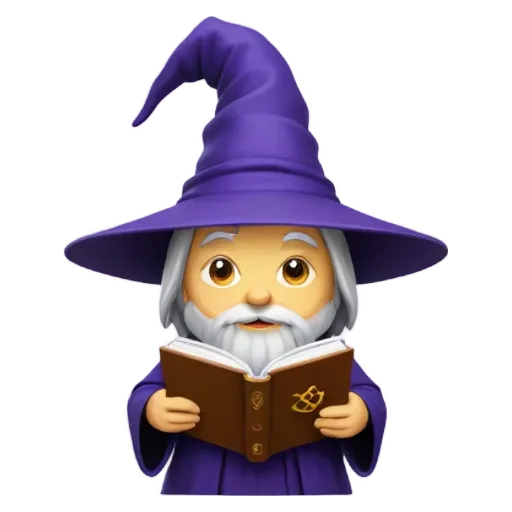 An apple logo for an image of a wizard reading a book.