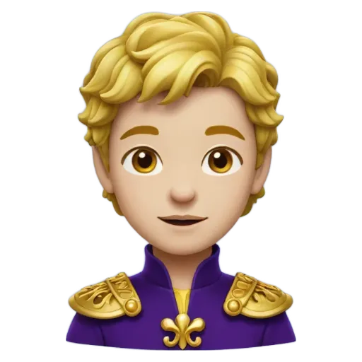 A gold colored face with a purple outfit and a fleur de lis symbol on the chest.