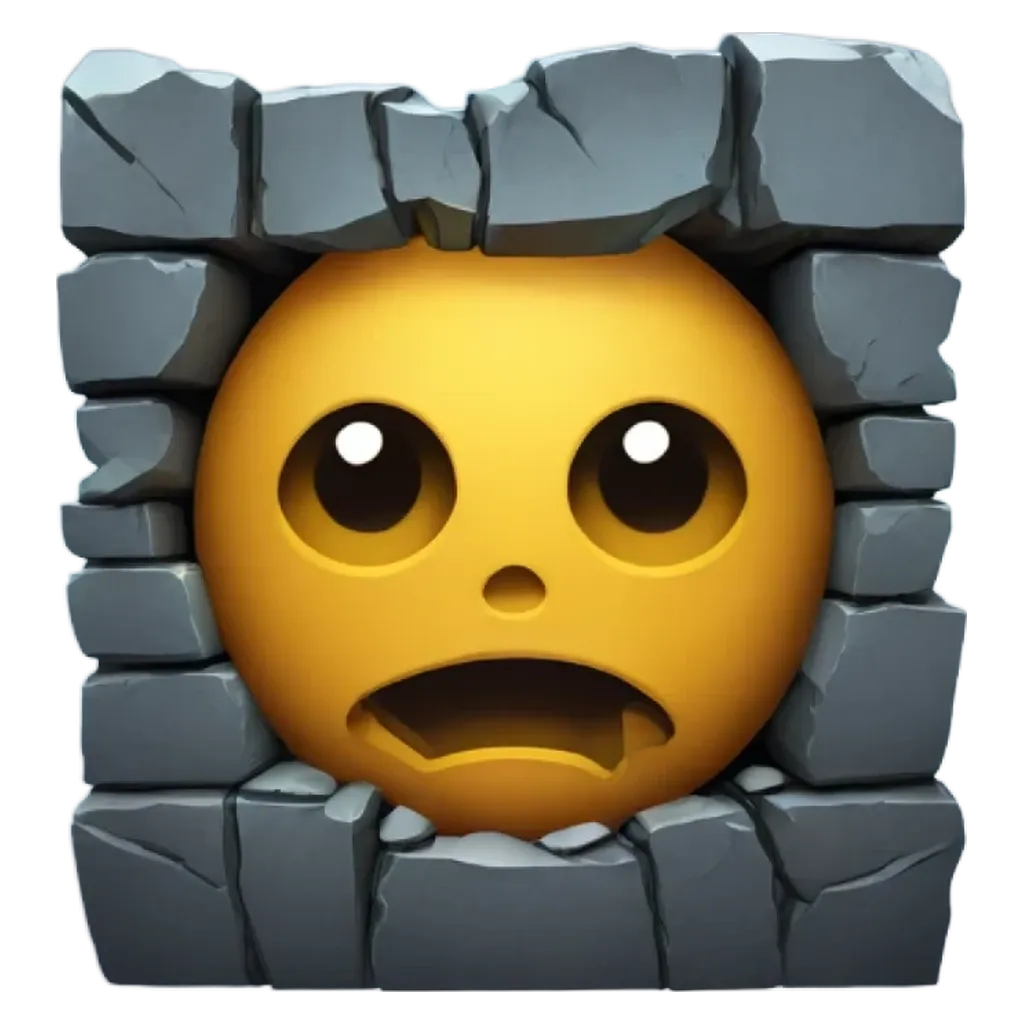 A sad face with eyes and mouth showing through a stone wall.