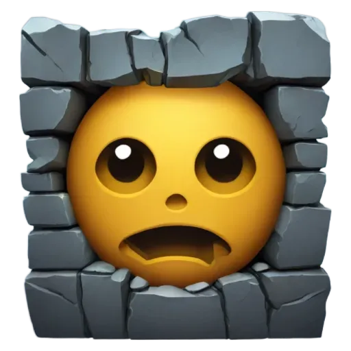 A sad face with eyes and mouth showing through a stone wall.