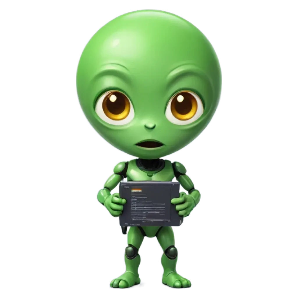 A green alien that is holding a black computer.