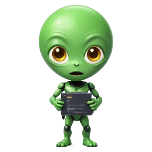 A green alien that is holding a black computer.