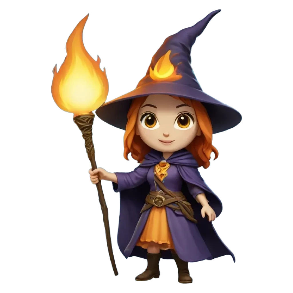 A cartoon of a girl with a wand that has a flame on it.