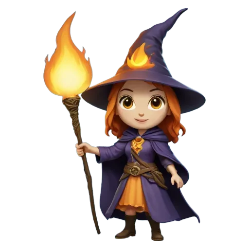 A cartoon of a girl with a wand that has a flame on it.