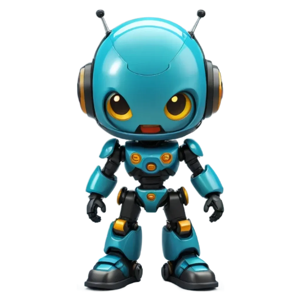 A blue robot figure is looking at the camera.