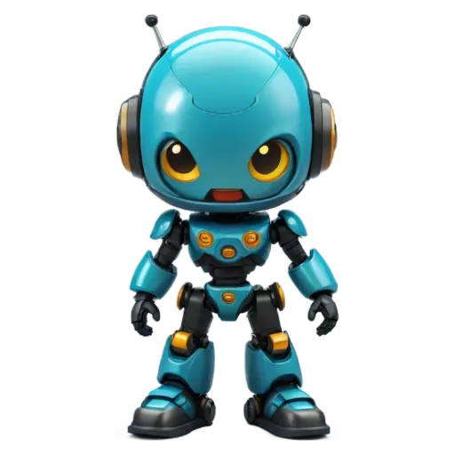 A blue robot figure is looking at the camera.