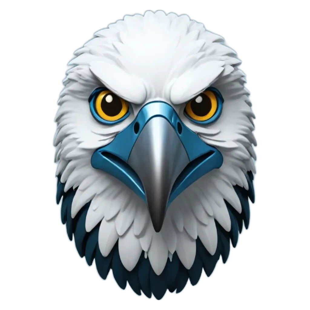 an eagle head with blue eyes and a red beak.