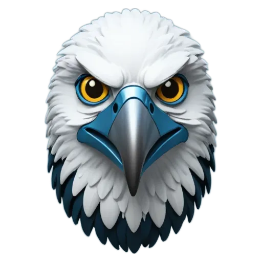 an eagle head with blue eyes and a red beak.