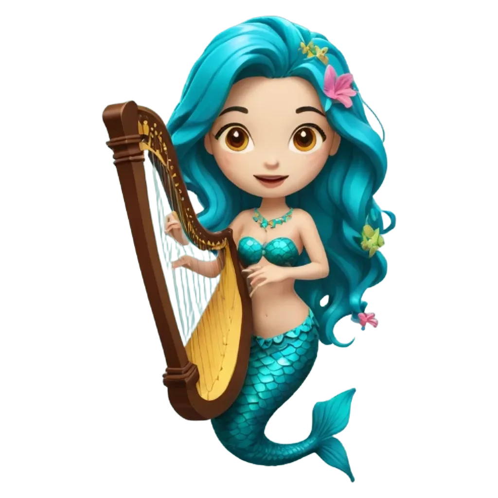 A blue mermaid playing the harp is shown.