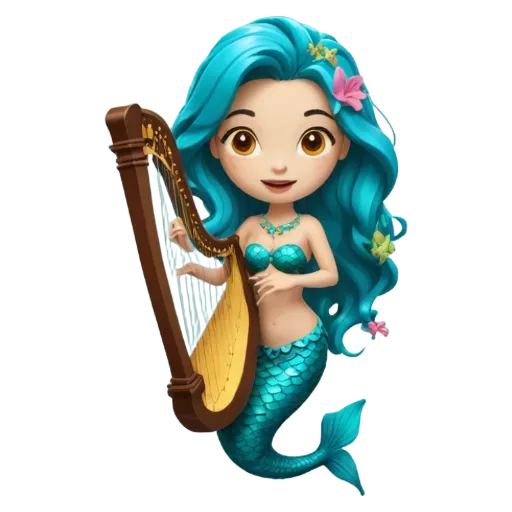 A blue mermaid playing the harp is shown.