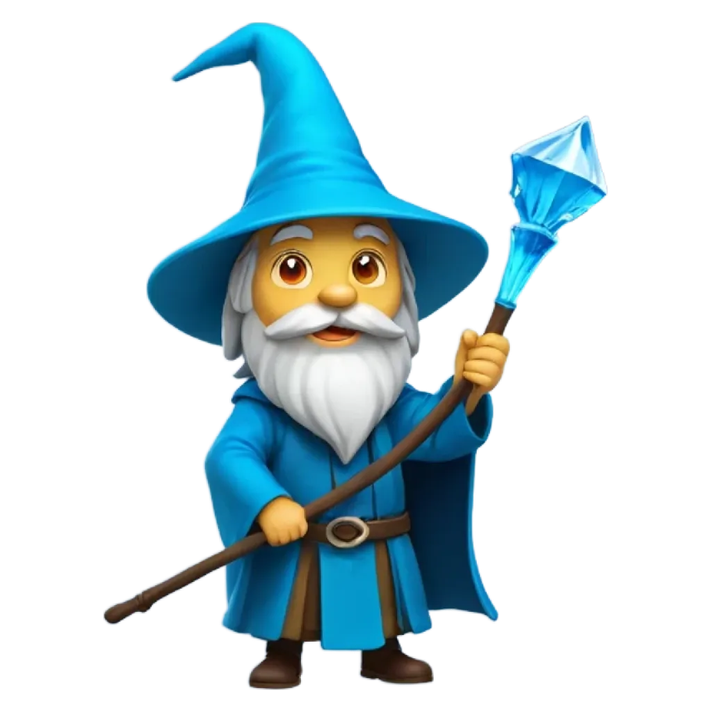 A cartoon image of a wizard with a blue staff.