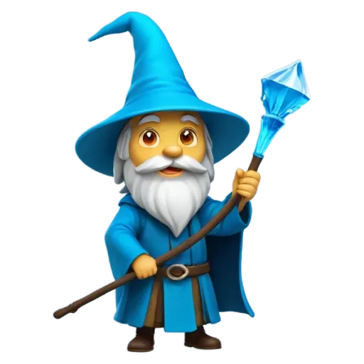 A cartoon image of a wizard with a blue staff.