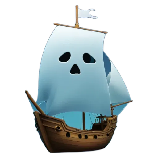 A ghost ship that is white in color with two black skulls on it.