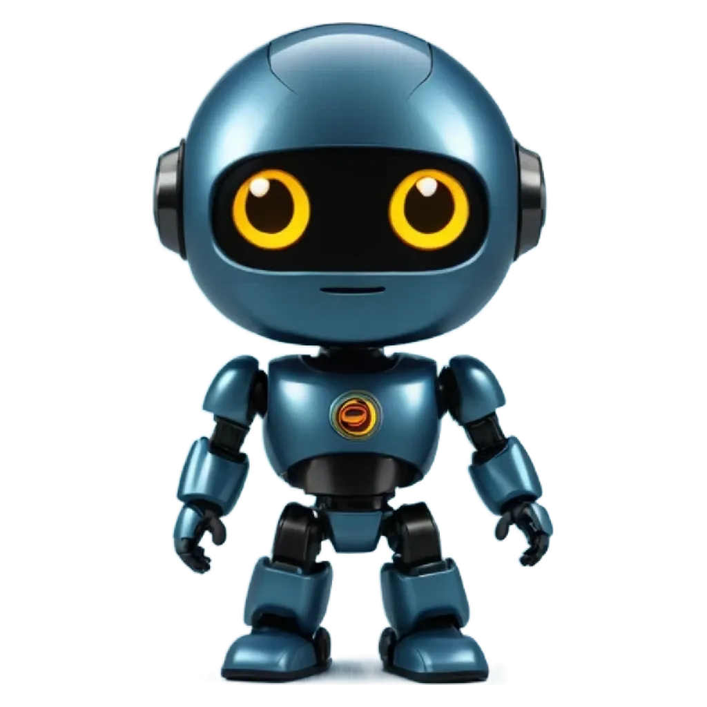 A blue robot with yellow eyes is standing on a black background.