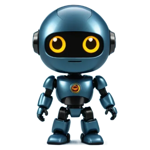 A blue robot with yellow eyes is standing on a black background.