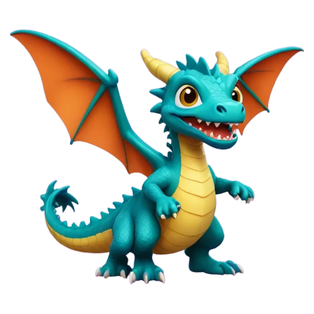 A blue dragon with orange wings is standing up.