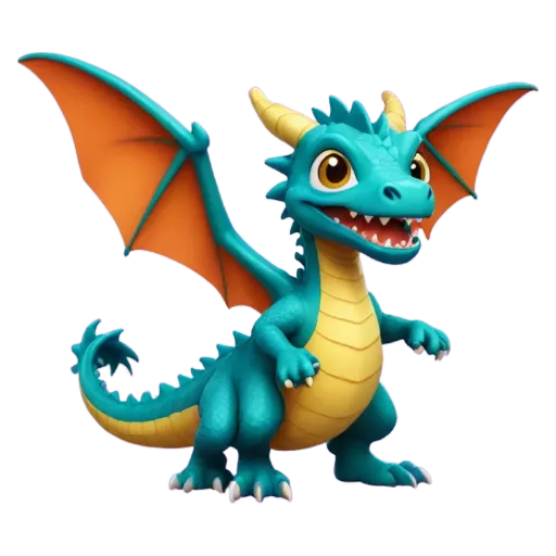 A blue dragon with orange wings is standing up.