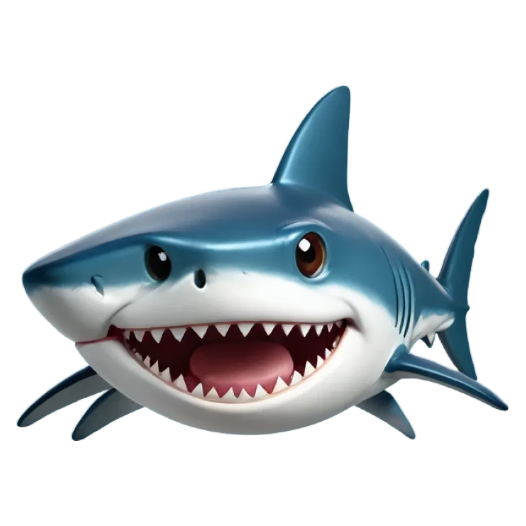 A blue and white shark that is smiling and has teeth.