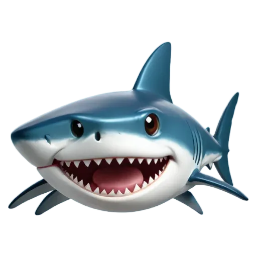 A blue and white shark that is smiling and has teeth.