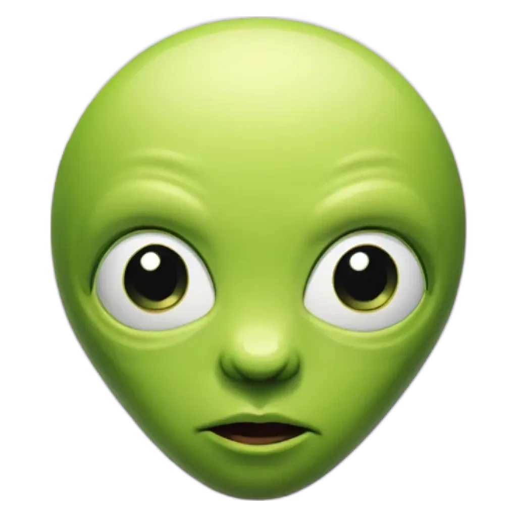 An alien face with green eyes and a greenish nose.