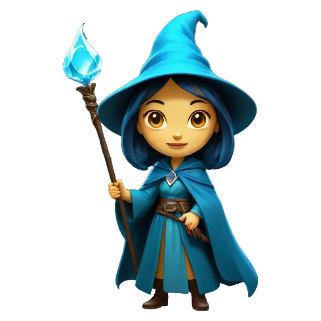 A cartoon image of a woman with a blue cape and a blue wand.