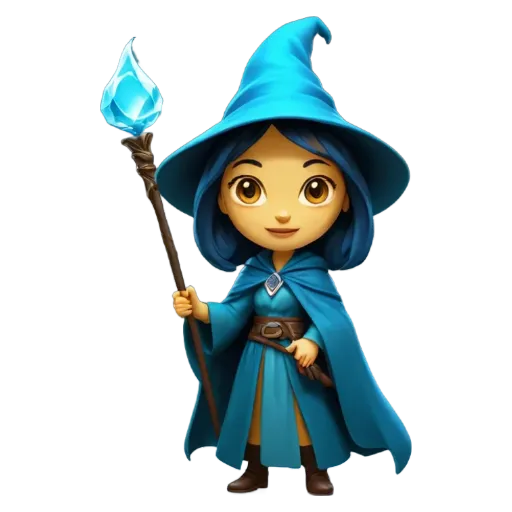 A cartoon image of a woman with a blue cape and a blue wand.